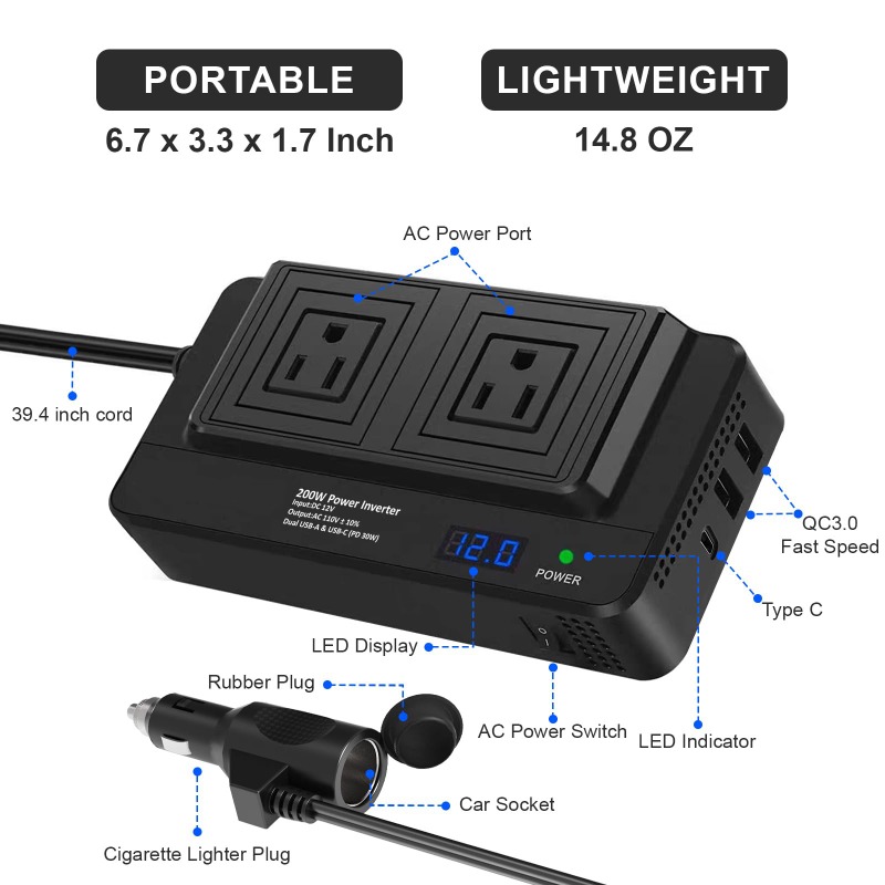 Outdoor Usb Power Adapter - 200W Auto-Wechselrichter Stromwandler Auto-Steckdosenadapter mit 2